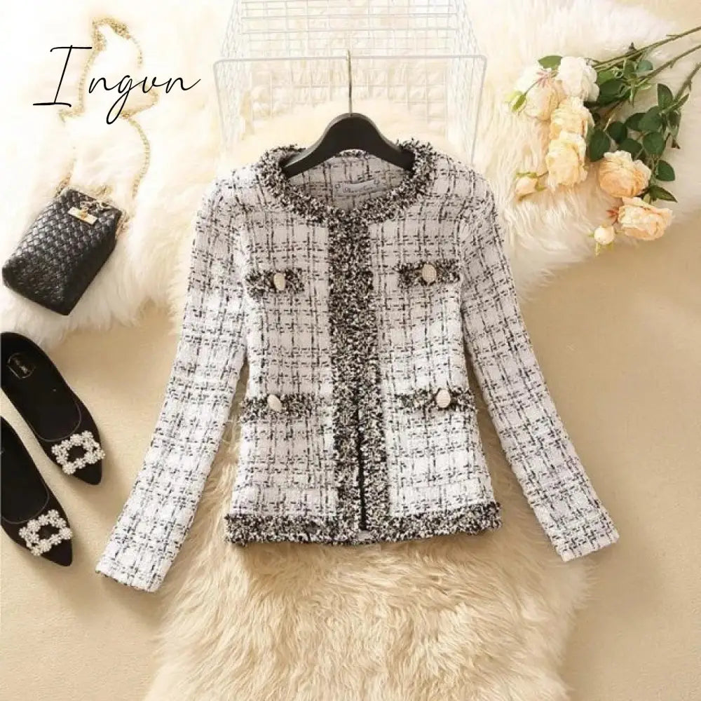 Ingvn - 2023 Trends Hot Sale Kurta For Women Cropped Tweed Coat Vintage O-Neck Open Stitch Tassel Slim Plaid Jacket Korean Blends Wool Outwear Tops Female