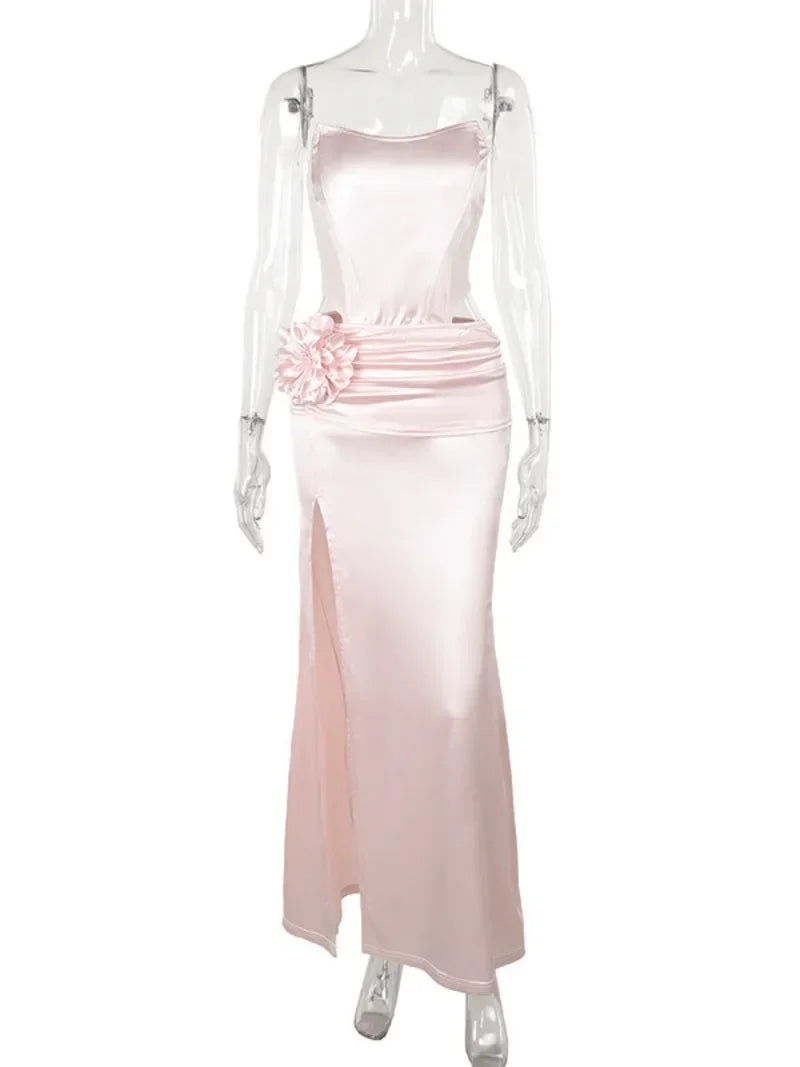 Fashion Strapless Satin Birthday Party Dresses for Women Pink Sleeveless Backless Folds Long Evening Dress Lady Split Prom Gowns