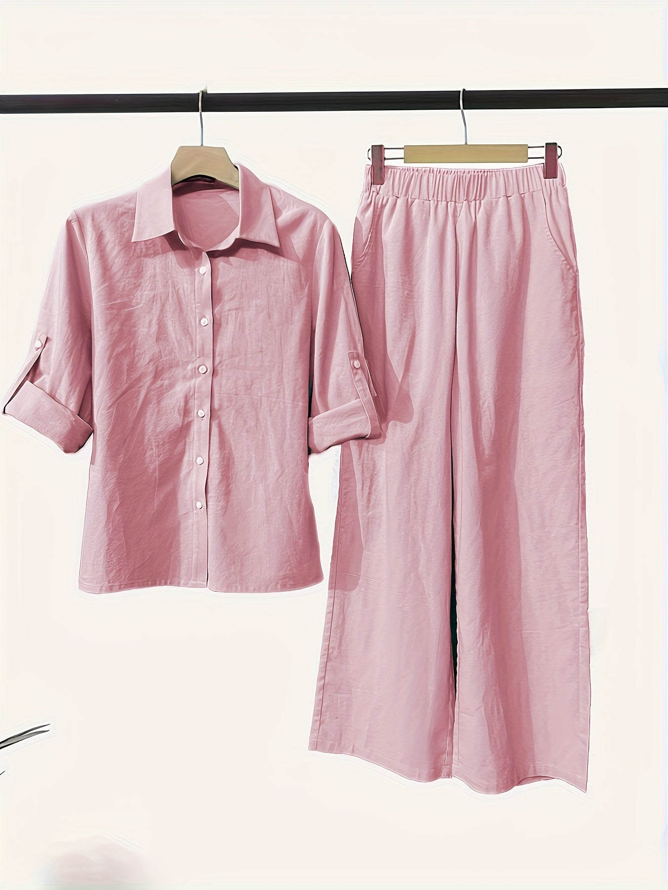 Two-Piece Solid Color Chic Pantsuit Set - Women's Casual Long Sleeve Shirt & Elastic Waist Pants Outfits with Comfortable Fabric and Versatile Style for Daily Wear