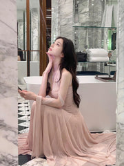 Elegant Wedding Evening Party Midi Dresses for Women Summer New Spliced Mesh French Sexy Sleeveless Pink Female Clothing