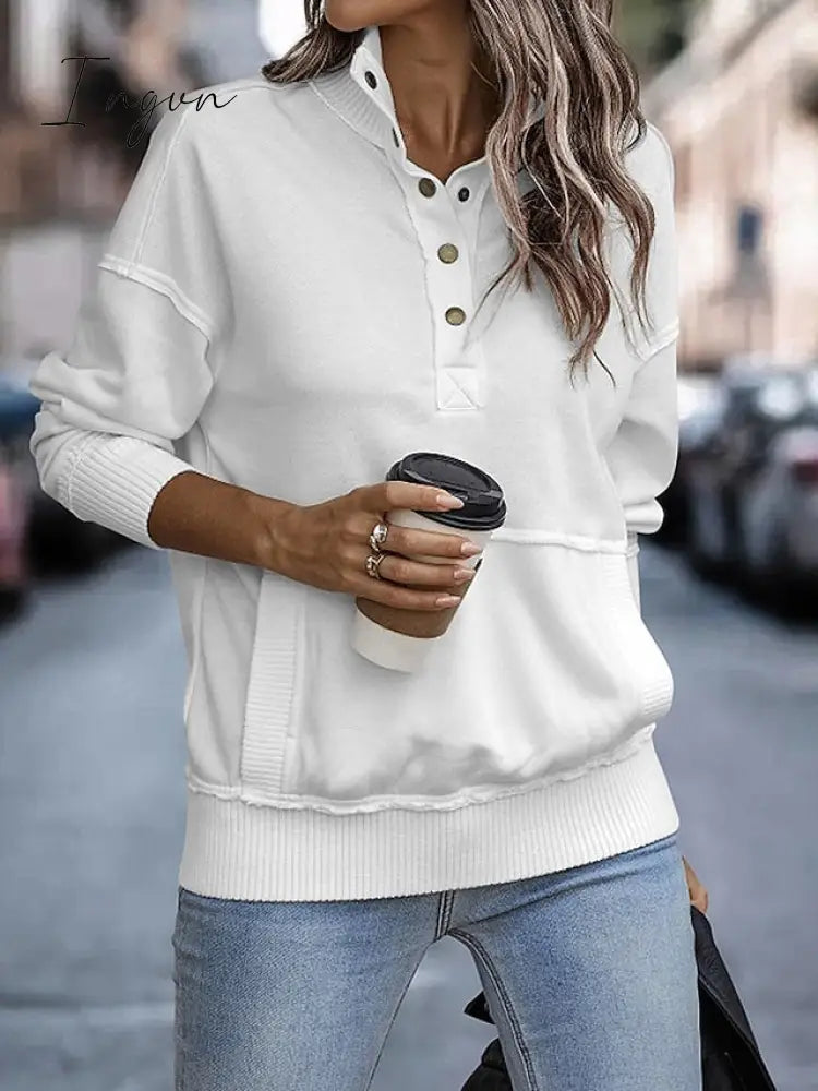 Ingvn - Women's Sweatshirt Pullover Basic Button Front Pocket White Pink Brown Solid Color Casual V Neck Long Sleeve Top Micro-elastic Fall & Winter