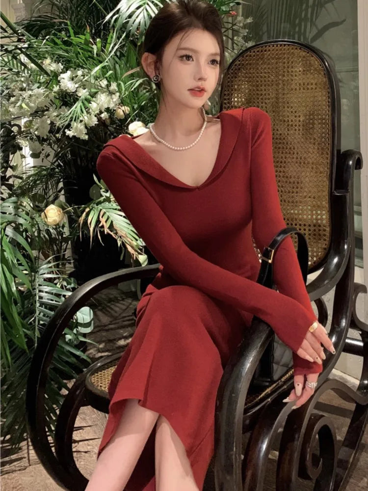 Elegant Solid Knitted Womens Dresses Vintage V-Neck Long Sleeves Evening Party Midi Dress Autumn Female One Piece Vestidos New