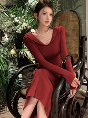Elegant Solid Knitted Womens Dresses Vintage V-Neck Long Sleeves Evening Party Midi Dress Autumn Female One Piece Vestidos New