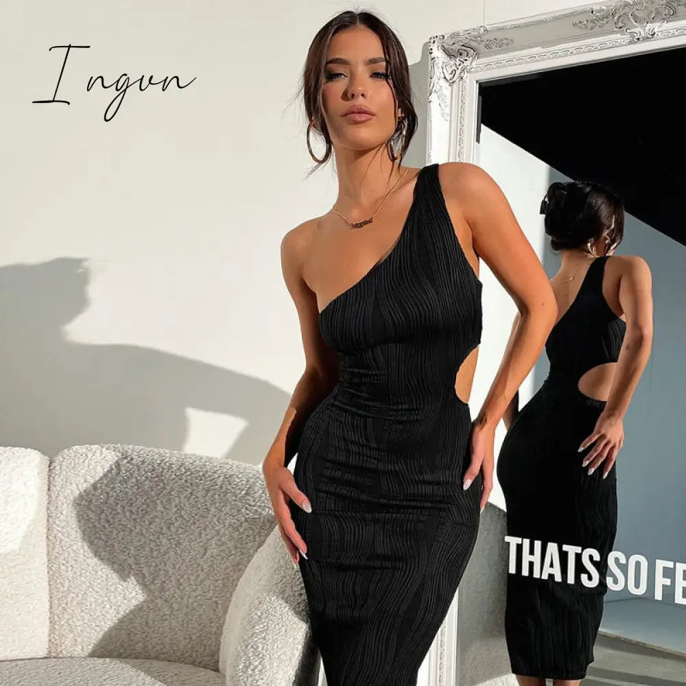 Ingvn - Irregular Sexy Cut Out Midi Dresses Club Party Sleeveless One Shoulder Textured Bodycon Dresses Outfits Vestido