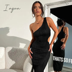 Ingvn - Irregular Sexy Cut Out Midi Dresses Club Party Sleeveless One Shoulder Textured Bodycon Dresses Outfits Vestido