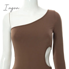 Ingvn - Long Sleeve One Shoulder Sexy Maxi Dress For Women Elegant Cut Out Party Prom Evening Bodycon Long Dresses Fall White Brown