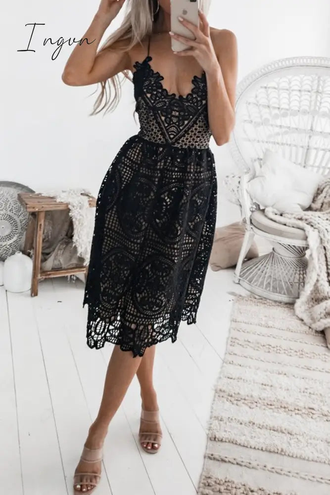 Ingvn - Casual Patchwork Lace Spaghetti Strap Lace Dress Dresses