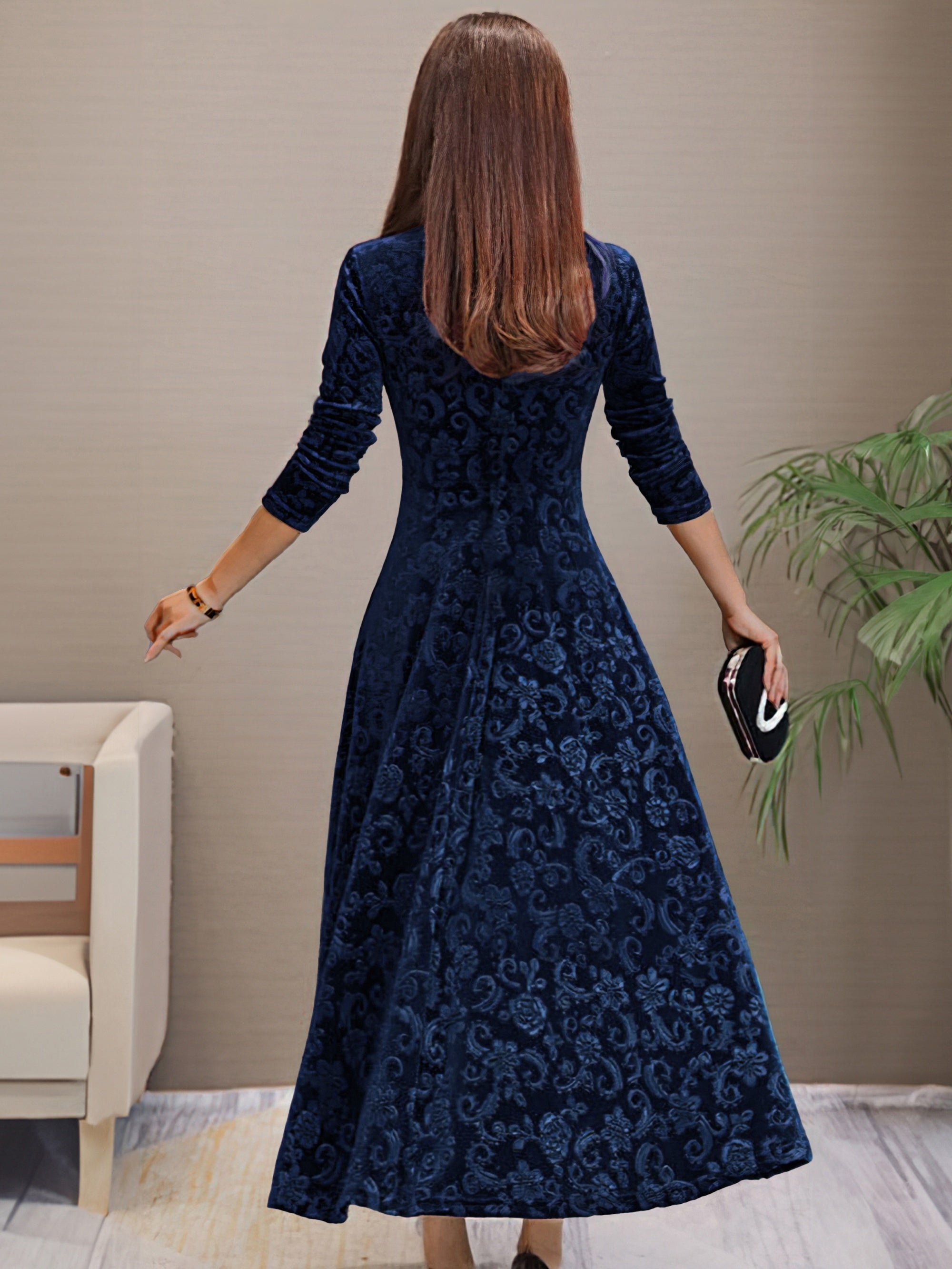 Vibrant Polyester Long Sleeve V-Neck Flared Dress - Elegant, High-Elasticity, Random Print, Machine Washable, All-Season Apparel for Women - Perfect for Spring and Fall Occasions