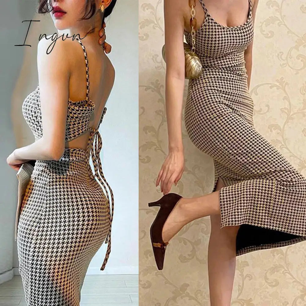 Ingvn - Women's Dresses Party Sexy Dresses Elegant Summer Women's Houndstooth Print Tight Bandage Dresses Club Gala Party Long Dres