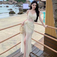 Vintage Fashion Lace Beach Holiday Long Dresses for Women Summer New Elegant Sexy Sleeveless Split Casual Female Clothing