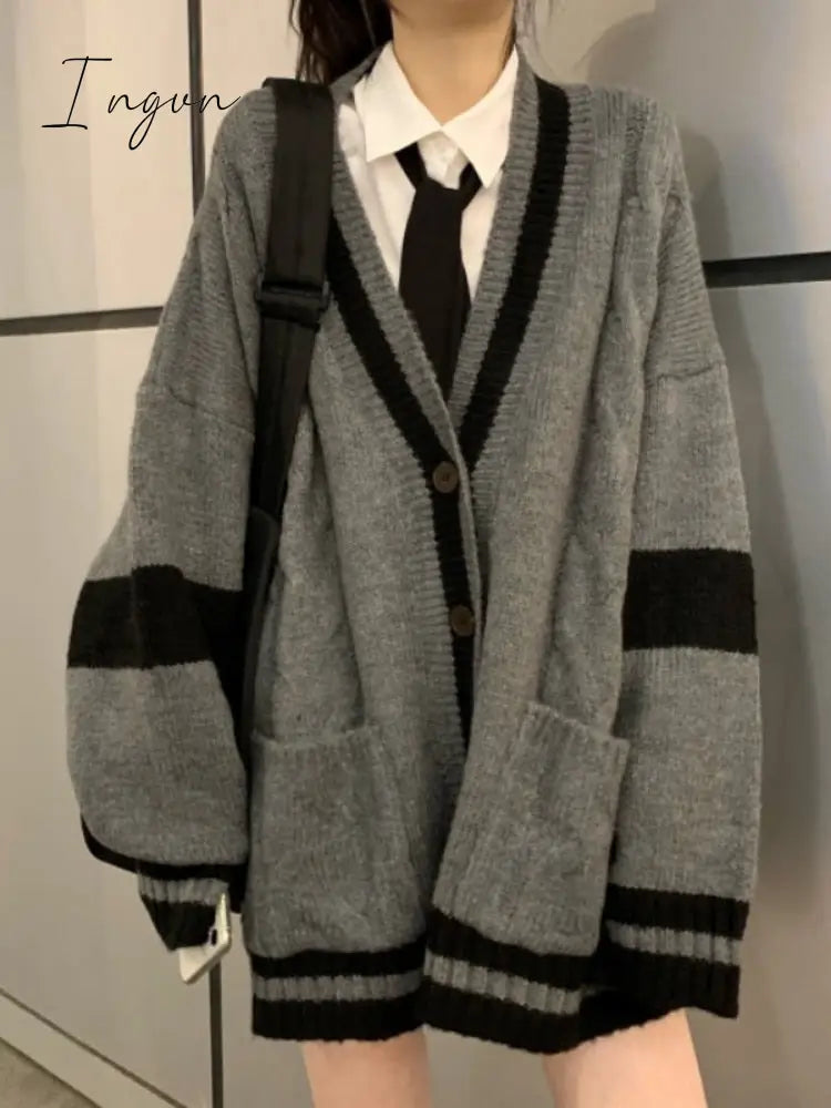 Ingvn - Cardigan Winter Grey Striped Knitted Sweater Cardigan Women Korean Fashion Style Harajuku Oversize Cardigan Preppy Female Coat