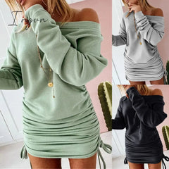 Ingvn - Women Sexy Mini Dress Casual Ruffled Drawstring Solid Pencil Dress Autumn Long Sleeve Off Shoulder Pullovers Ladies Slim Dress