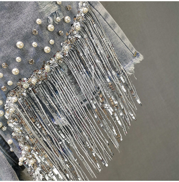 S-5XL Waist Beads Tassel Women'S Denim Shorts Summer Beading Wide Leg Thin Oversized Jeans Korean Streetwear Women Clothes