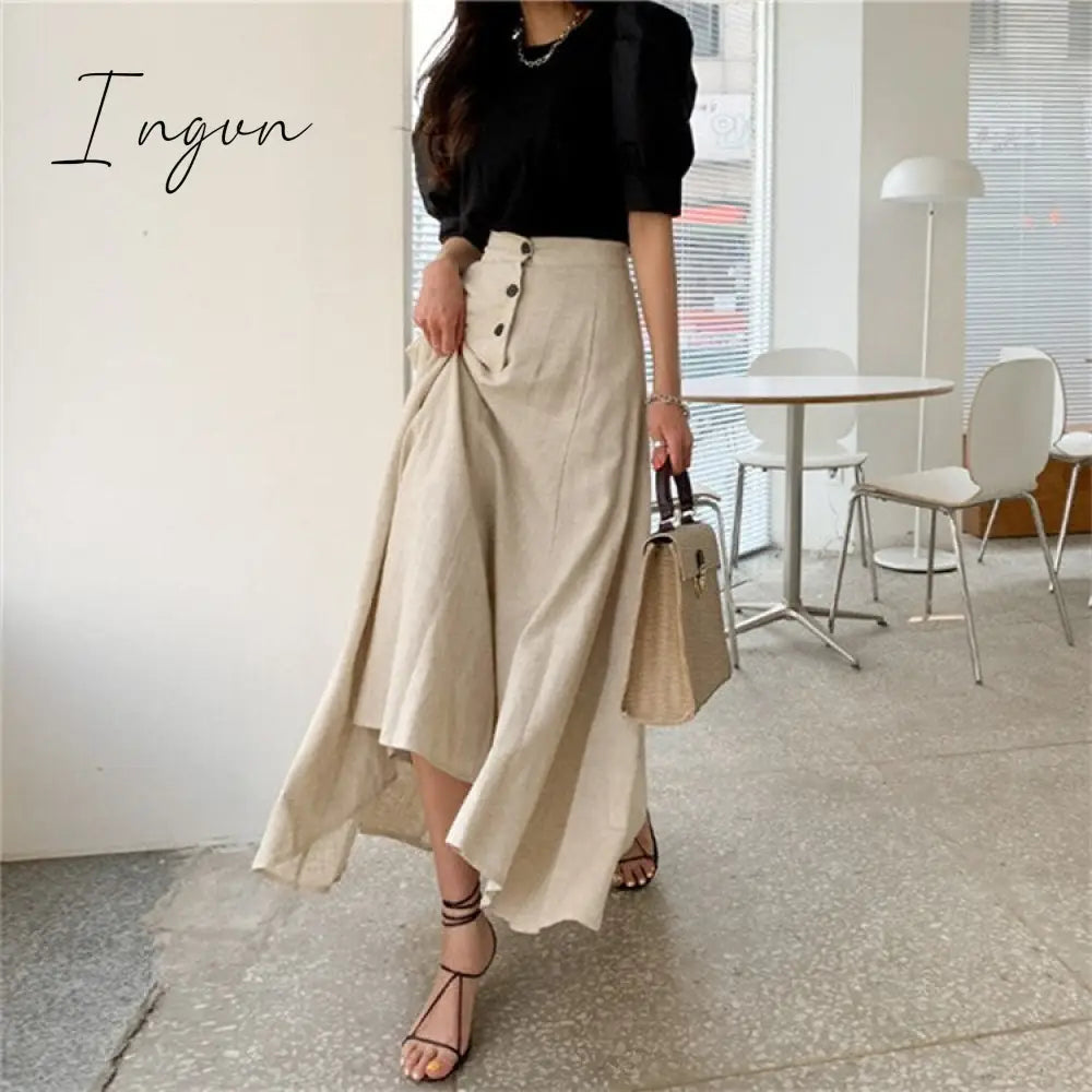 Ingvn - New Vintage Elastic Waist Buttons Irregular Chic Cotton and Linen Split Spring Summer Women's Long Skirts SK8560