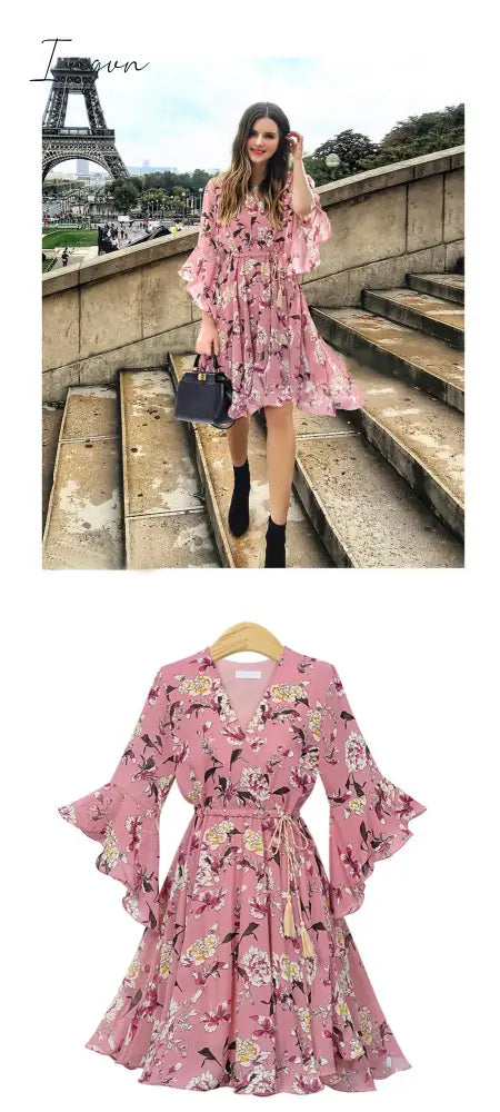Ingvn - Chiffon High Elastic Waist Party Dress Bow A-line Women Butterfly Sleeve Flower Print Floral Boho Dress Female Vestido Plus Size
