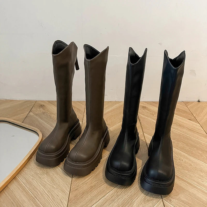Ingvn  Vintage Platform Women Knee High Boots Fashion Back Zippers Shoes Autumn Winter Thick Heel Ladies Knight Long Booties