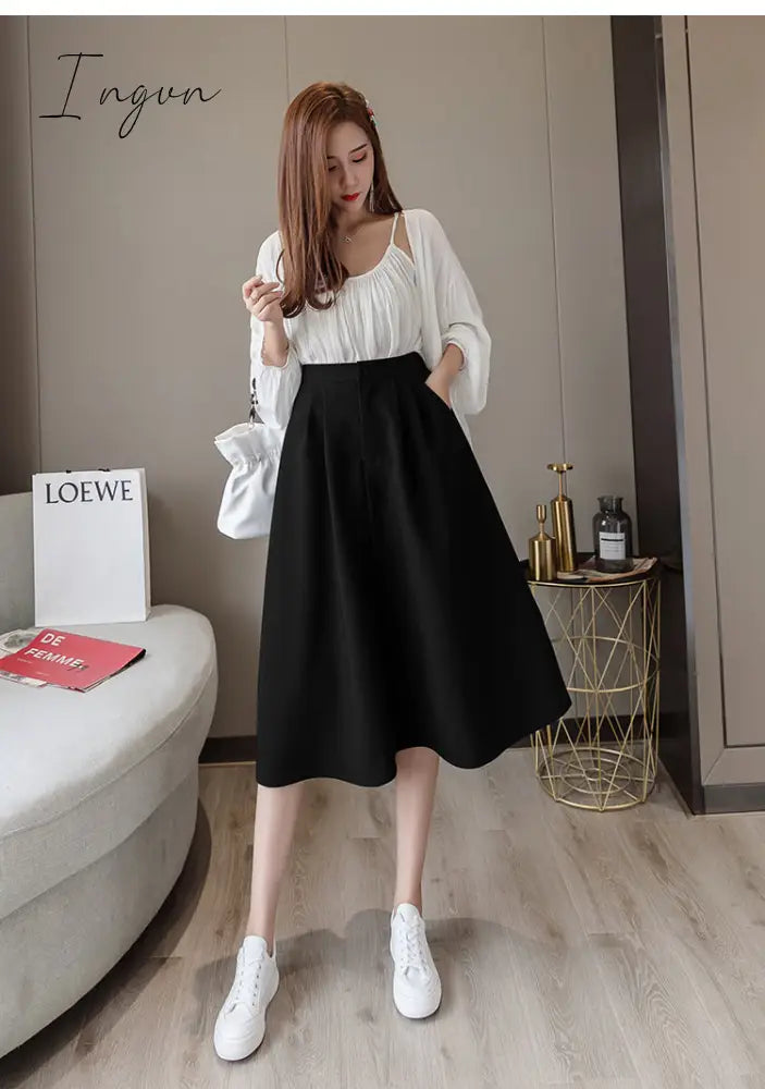 Ingvn - New Spring Summer High Waist Midi Skirt Women Casual Pocket Solid Color Loose A-Line Umbrella Skirt Female Petticoat