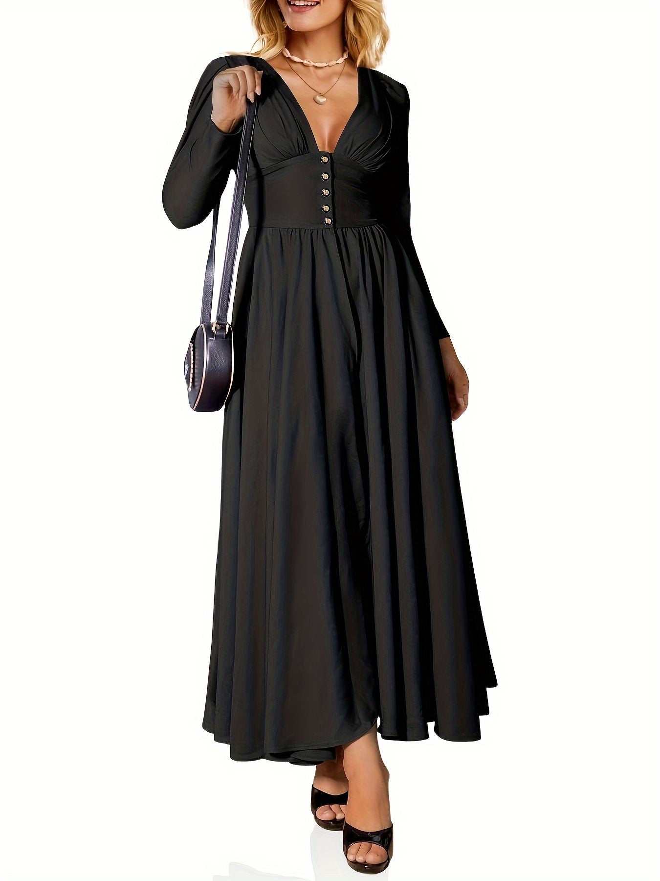 Deep V Neck Button Waist Dress, Elegant Long Sleeve Maxi Dress For Cocktail & Wedding Party, Women's Clothing