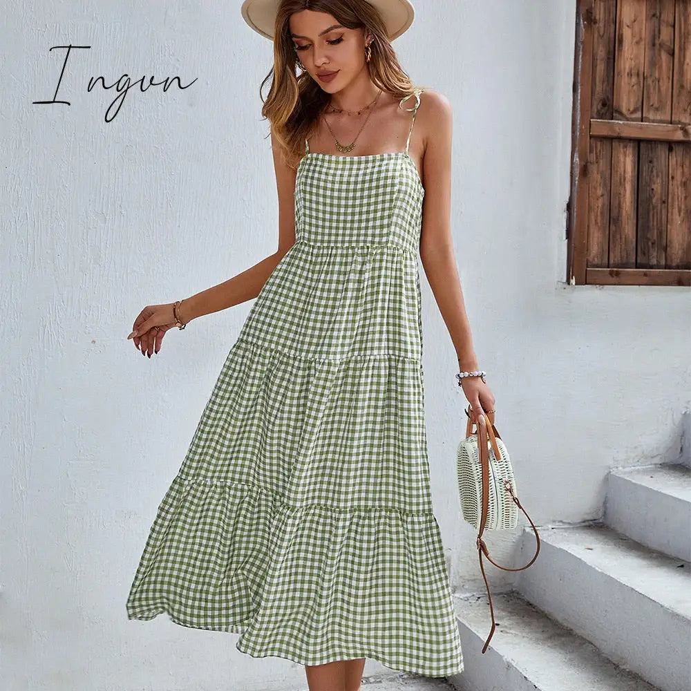 Ingvn - Ladies Vintage Boho Plaid Summer Dress Women Sexy Backless Casual Ruffles Party Beach Sundress Women Dress Robe Vestidos Female