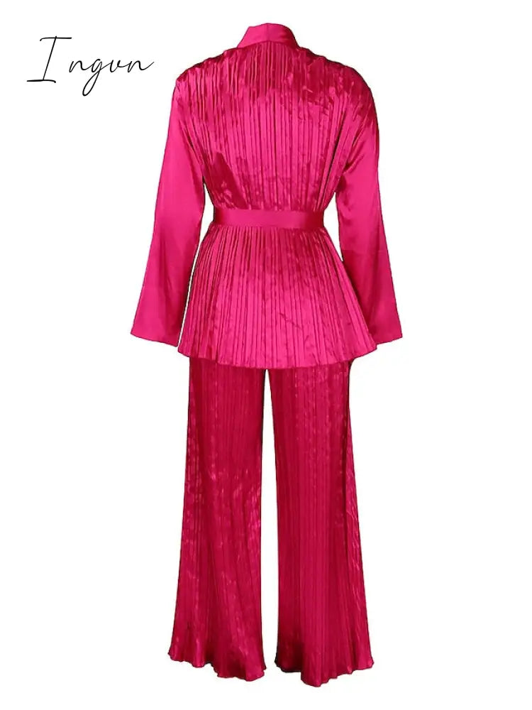 Ingvn - Women's Shirt Pants Sets White Red Fuchsia Solid Color Long Sleeve Casual Daily Fashion V Neck Regular Fit Spring &  Fall