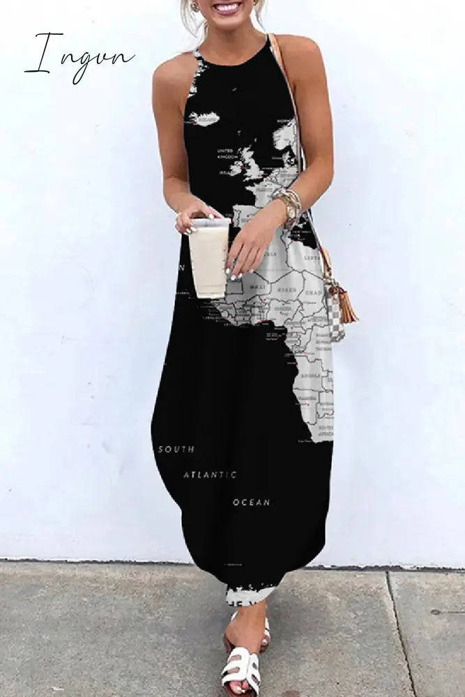 Ingvn - Casual Print Basic O Neck Long Dress Dresses