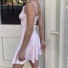 Sexy Elegant Women Floral Appliques Slim Knit Sling Dress V Neck A-line Mini Lady Dresses  Summer Robe