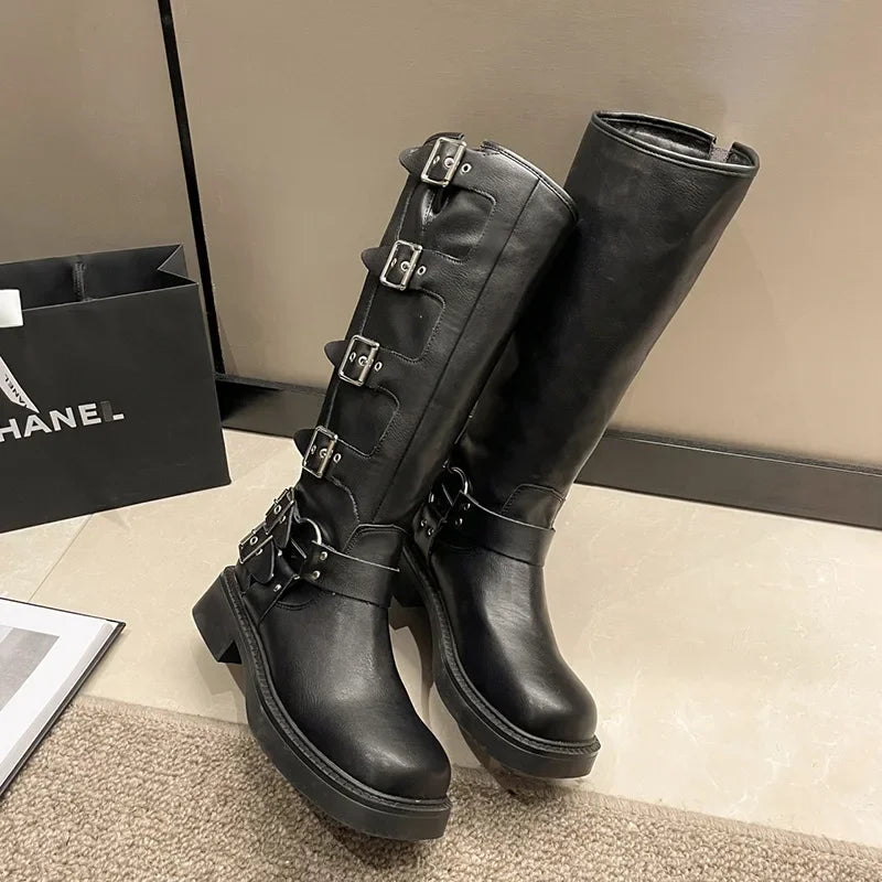 Woman Boots Knee High Platform Elegant Low Heel Trend Punk Gothic New Pu Leather Fashion Women's Shoes Motorcycle Botas Footwear
