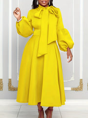 Solid Color Tie Neck Aline Dress, Elegant Ruffle Trim Lantern Sleeve Dress For Spring & Fall, Women's Clothing