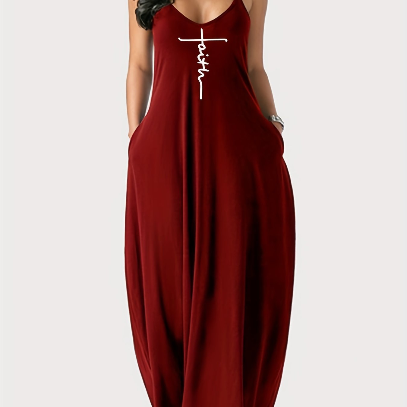 Faith Print Backless Spaghetti Strap Dress - Stylish V Neck Loose Fit for Women - Versatile Casual Summer Wear