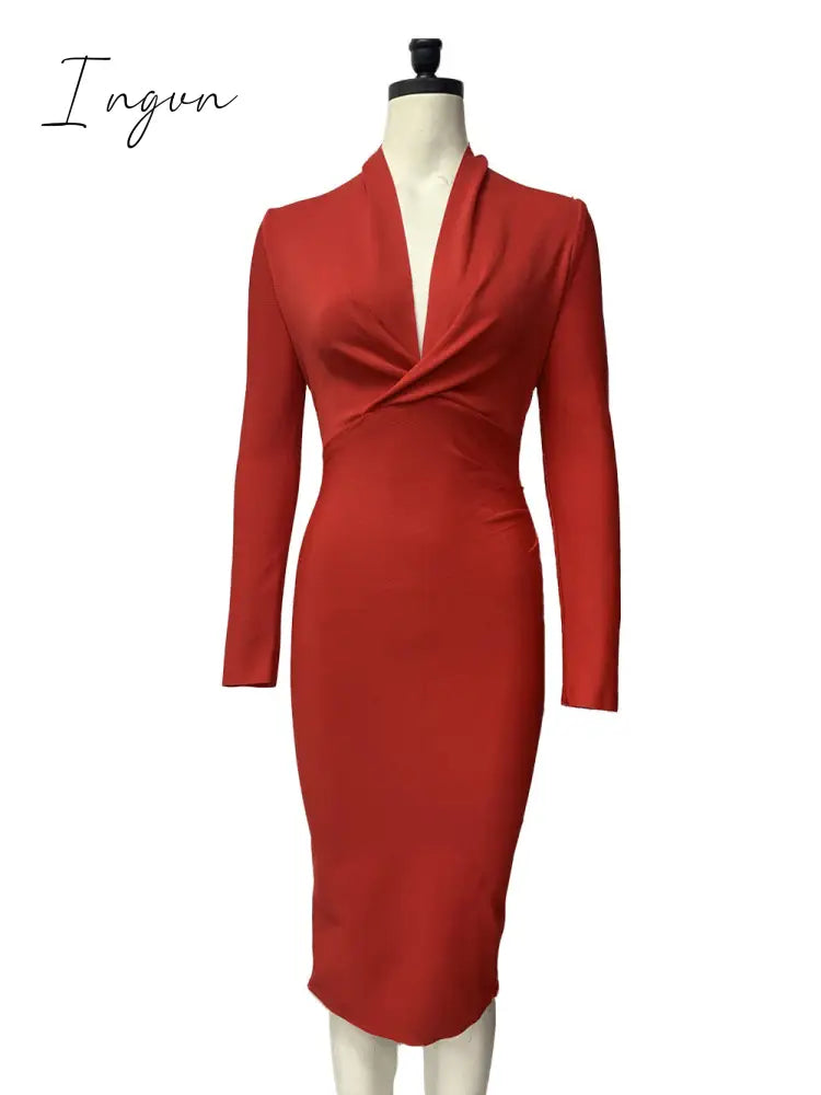 Ingvn - New Summer Deep V Neck Women Bandage Dress Full Sleeves Celebrity Bodycon Dress Sexy Club Vestidos Evening Party Dresses