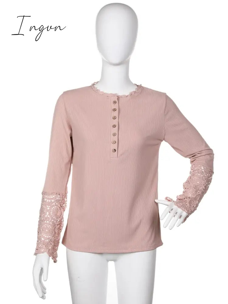 Ingvn - Lace Splicing Top Long Sleeve T Shirt Woman Button Slim Tops Tee Autumn Spring Patchwork Sleeve T-shirt Women Sexy Streetwear