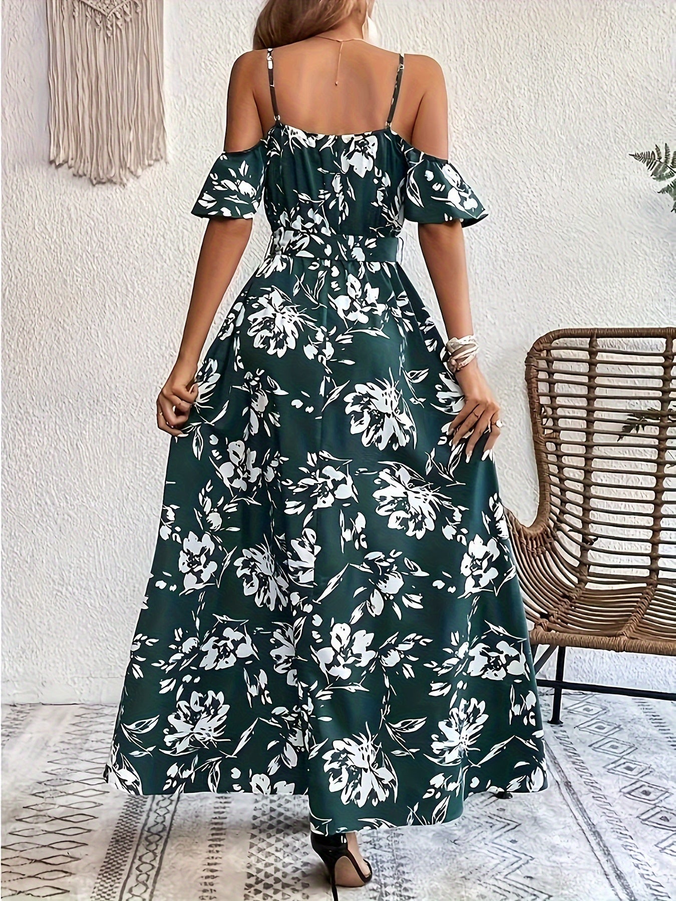 Vibrant Floral Print A-Line Dress - Cold Shoulder, Belted, Split Sleeveless, Elegant, Comfortable, Spring & Summer Essential - Women's Clothing, Perfect for Outdoor Activities