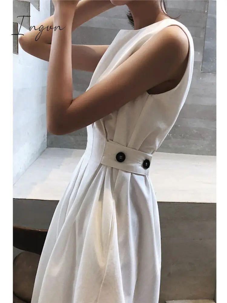 Ingvn - Summer Outfits Summer Women Solid Long Dress White Chic Elegant Casual Party O Neck Sleeveless Tank Female Waist Retraction Holiday Party Robe