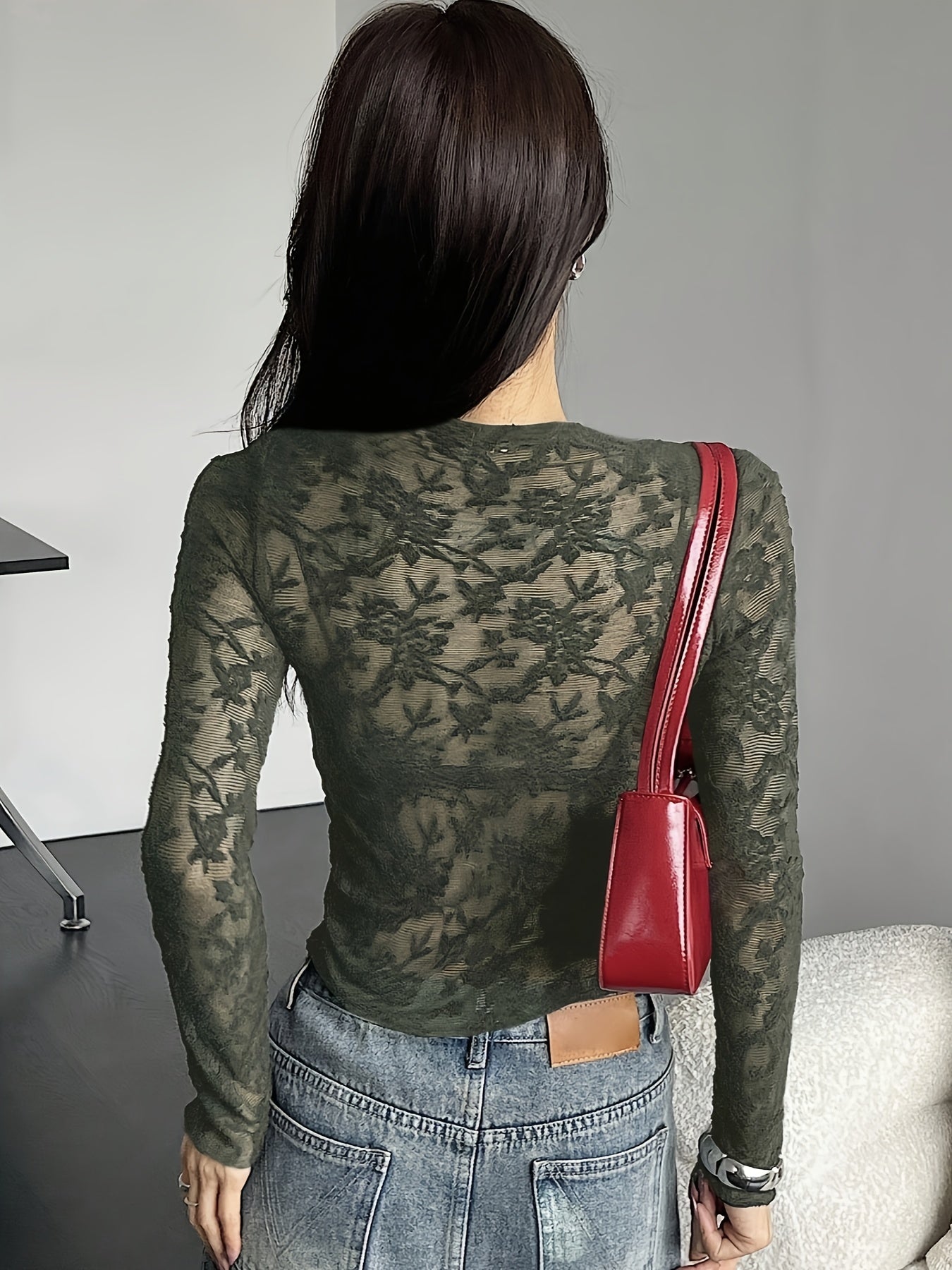 Women'S Y2K Style Long Sleeve T-Shirt, Sexy Sheer Mesh Knit Top with Crew Neck, 100% Polyester, Regular Length, 150g/m² Fabric Weight, Solid Color - Spring/Summer/Fall Fashion