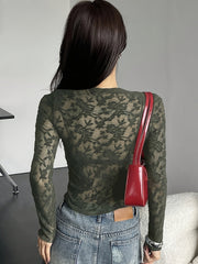 Women'S Y2K Style Long Sleeve T-Shirt, Sexy Sheer Mesh Knit Top with Crew Neck, 100% Polyester, Regular Length, 150g/m² Fabric Weight, Solid Color - Spring/Summer/Fall Fashion