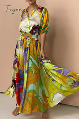 Ingvn - Casual Geometric Printing Turndown Collar Short Sleeve Two Pieces