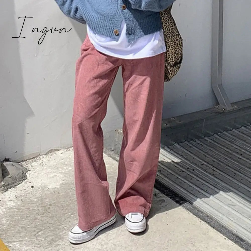 Ingvn - Beige Corduroy Wide Leg Pants Women Korean Style Soft Girl Pink Spring Plus Size Black Trousers For Female Oversize