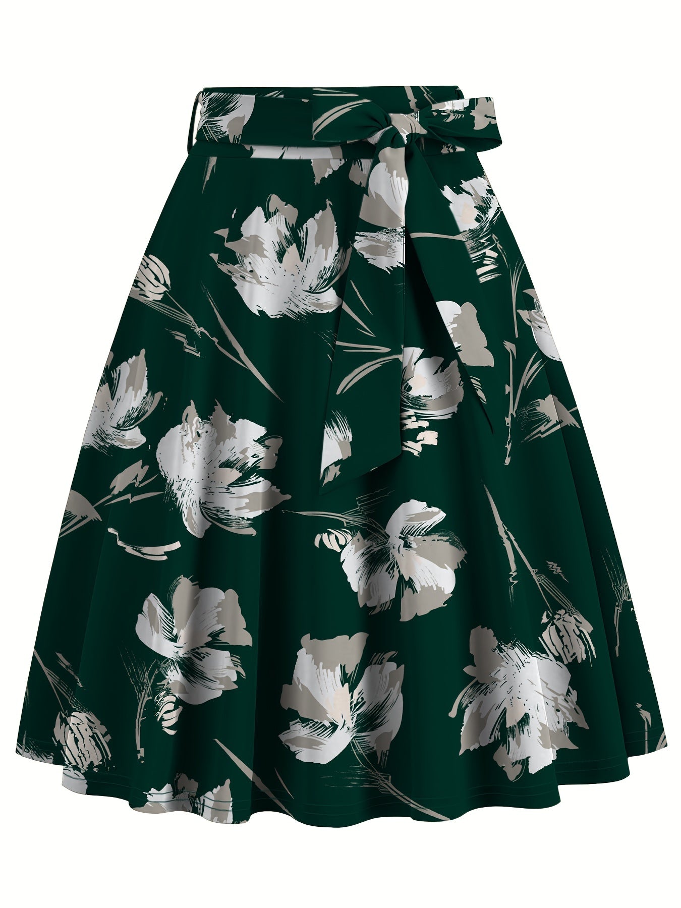 Floral Print High Waist Skirt, Elegant Belted Flared Midi Skirt, Women's Clothing