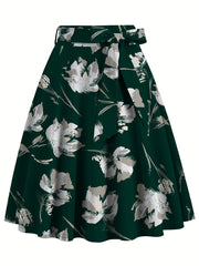 Floral Print High Waist Skirt, Elegant Belted Flared Midi Skirt, Women's Clothing