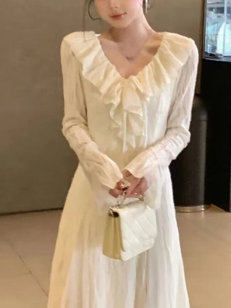 Elegant Party Dresses Woman French Ruffles V-Neck Long Sleeve Princess Mermaid Dress Autumn Spring Chic Vestidos Female Outfits