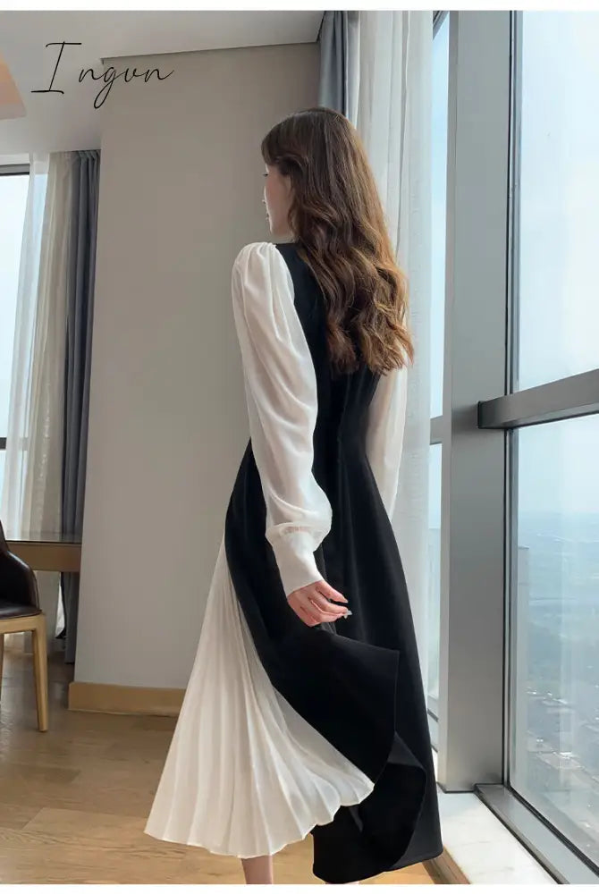 Ingvn - Office Lady Black Elegant Dress Women French Vintage Midi Dress Casual Party One Piece Dress Korean Fashion Autumn Chic