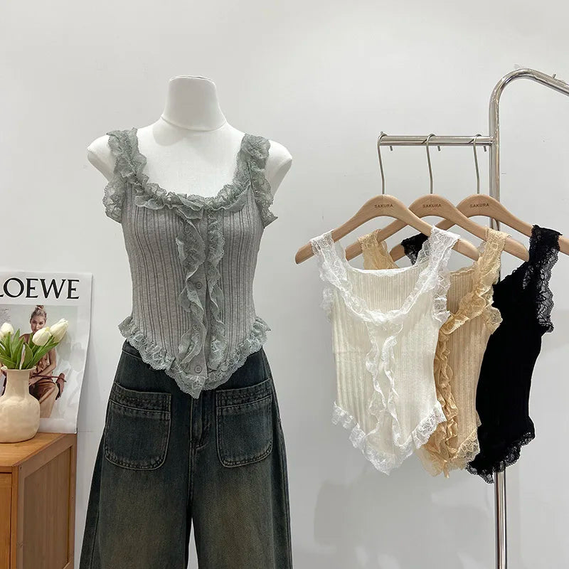 Women's Sweet Girl White Lace Knitted Crop Top Korea U-Neck Spaghetti Straps Tank Top 2025 Summer Female White Lace Stretch Cami