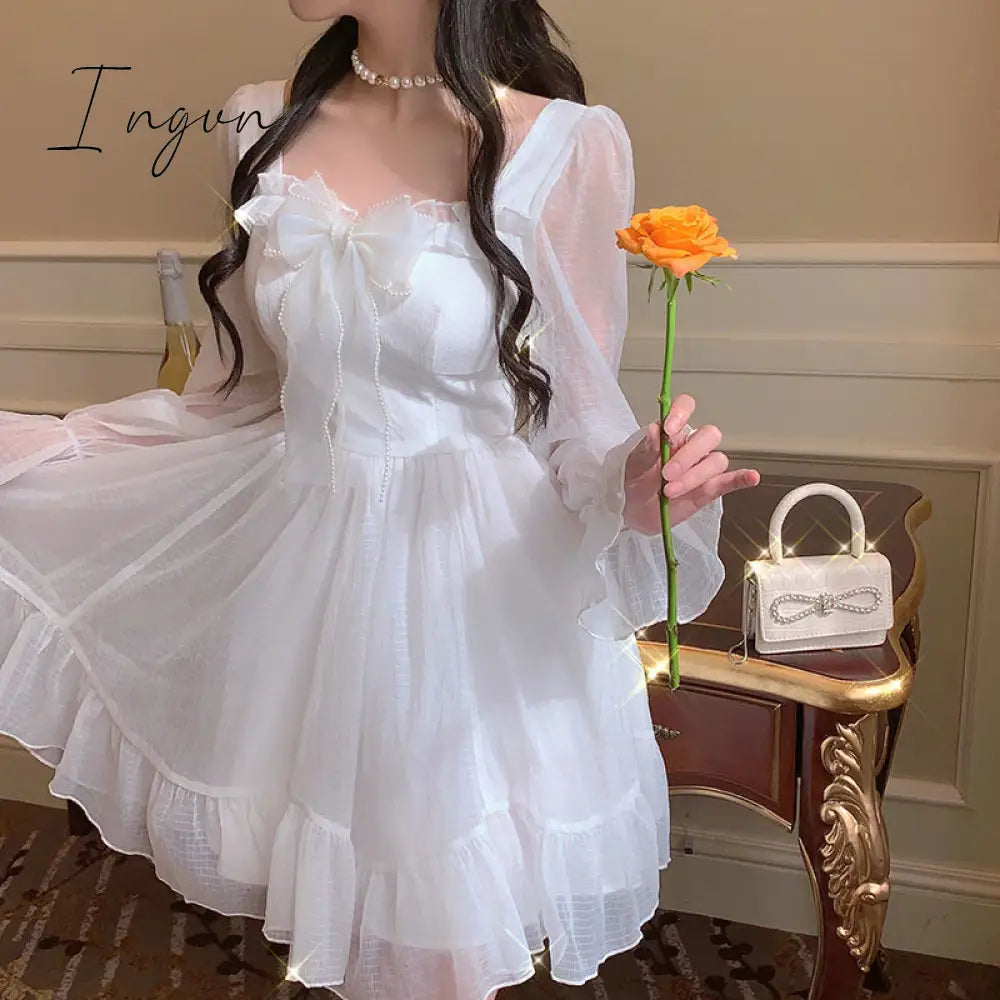 Ingvn - French Sweet Fairy Lolita Dress Women Long Sleeve Lace Y2k Mini Dress Vintage Kawaii Clothes One Piece Dress Korean Autumn