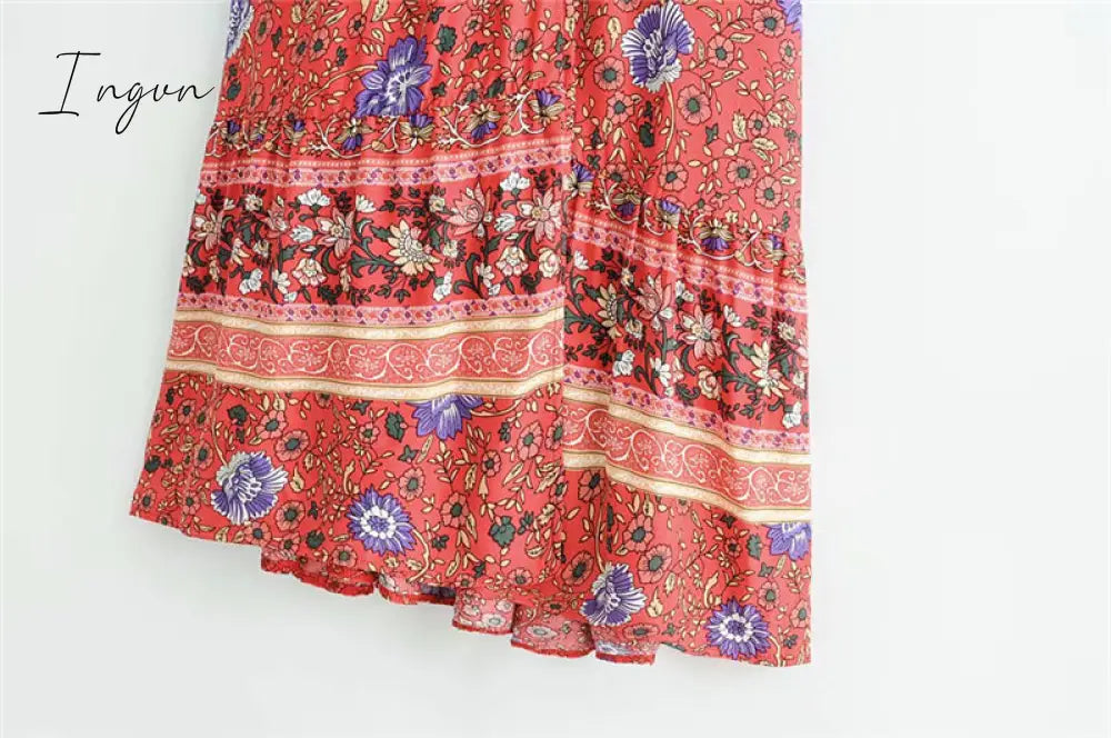Ingvn - Vintage chic vestidos women Floral print bat sleeve beach long Bohemian maxi dress Ladies sexy V neck  Summer Boho happie  dress