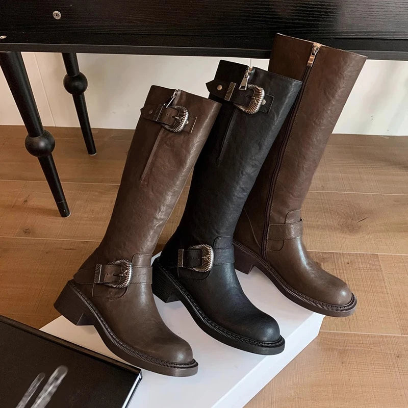 Ingvn  Winter Soft Leather Women Knee High Boots Fashion Back Zippers Modern Long Booties Designer Flats Botas De Mujer