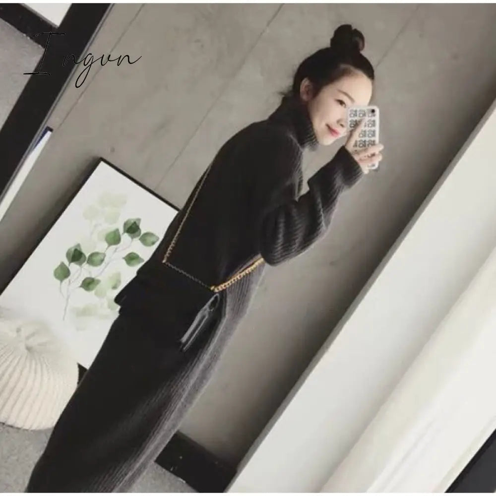 Ingvn - Turtleneck knitted sweater dress ladies fall winter elastic cashmere bottoming shirt midlength over the knee thick sweater dress