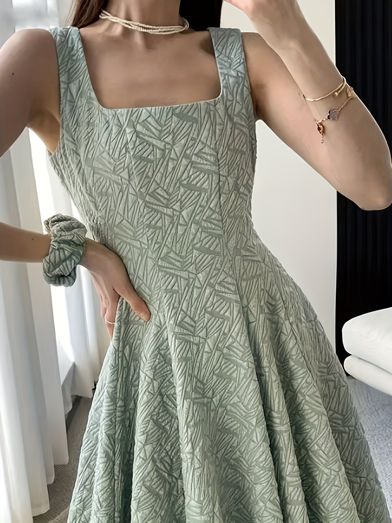 Elegant Square Neck Polyester 1pc Dress - Flared A-Line Pendulum Solid Color Textured Weave Spring/Summer Dress for Women