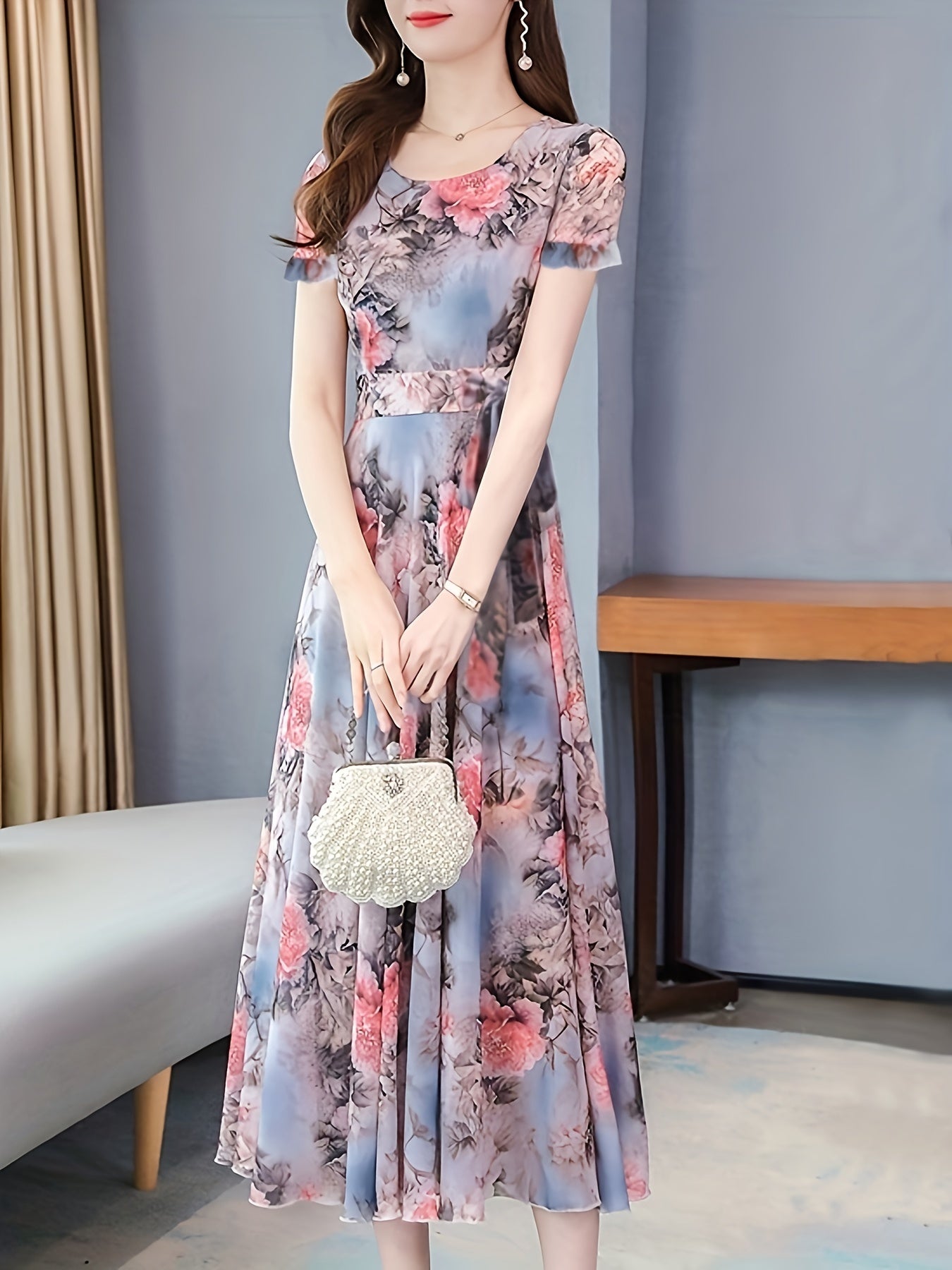 Vibrant Floral Print Crew Neck Dress - Elegant Short Sleeve, Comfortable, Breathable, Spring & Summer Essential - Women's Clothing for Chic, Elegant Dressing, Perfect for Outdoor Activities