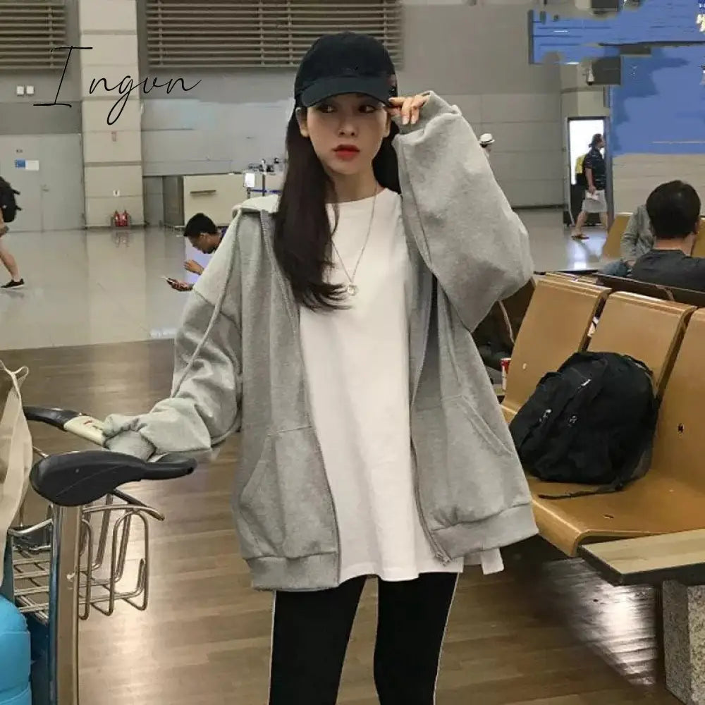 Ingvn - Spring Y2K Streetwear Women's Letter Embroidery Printing Punk Oversized Hoodie Women Hip Hop Couple Gray Zipper Sweatshirt Women