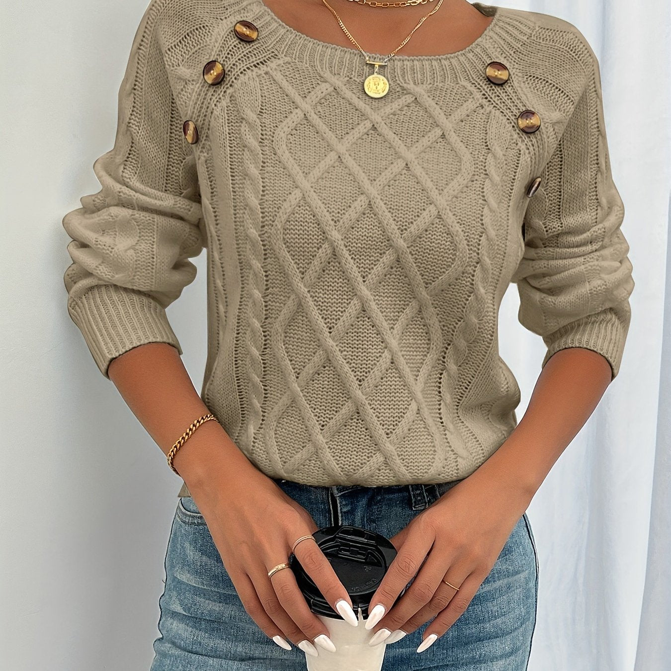 Long Sleeve Cable Knit Sweater, Casual Crew Neck Sweater, Women's Clothing